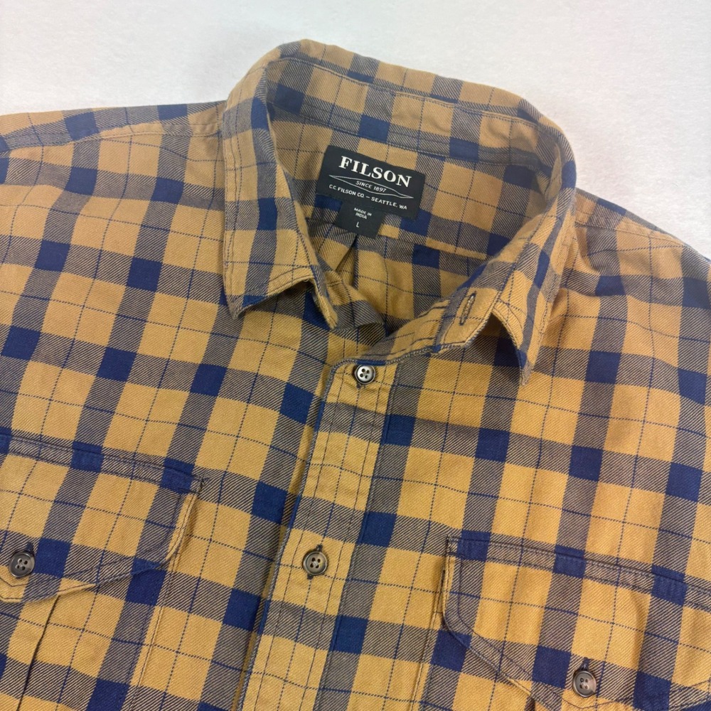 Filson Plaid Button Down Shirt Mens L Brown Blue Flannel Chest Pockets Gorpcore
